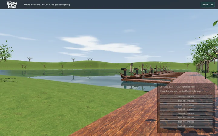 An in-game view of eight small pirate boats moored along a connected lakeside dock