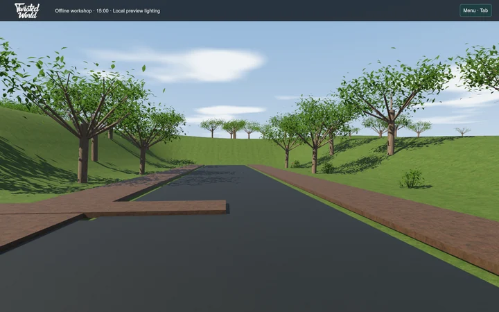 An in-game street view with clear sidewalks, leafy trees and rolling green hills