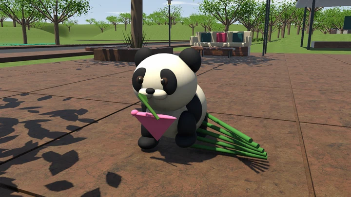 Mallow nibbling bamboo in the town square beside a leaning stack of green stalks