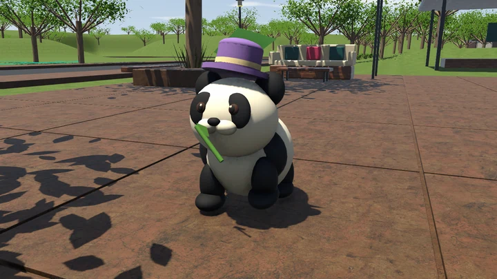 Pebble chewing bamboo, with a green leaf above the purple bowler hat