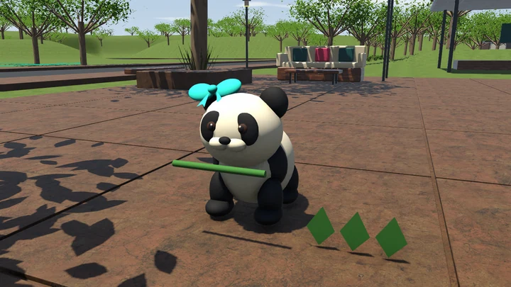 Pip facing the camera with a horizontal bamboo prop near the mouth and three upright leaves nearby