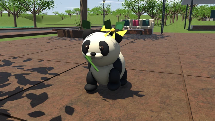 Sprig eating bamboo while wearing a loose crown of green leaves above the yellow bow and green leaf