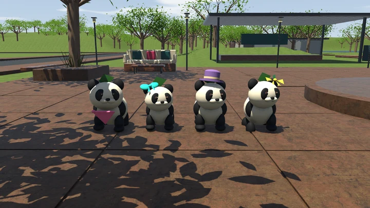 Mallow, Pip, Pebble, and Sprig lined up in the town square, each with a green leaf on the head