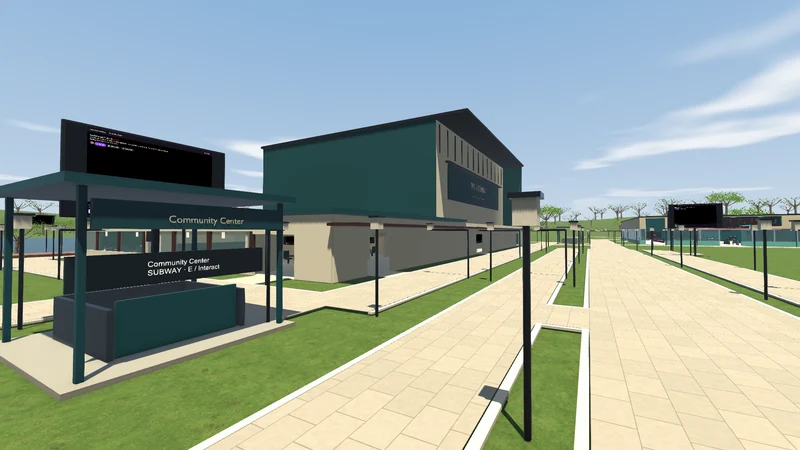 Unity engine view of Community House, pedestrian paths, subway entrance and community stream screens
