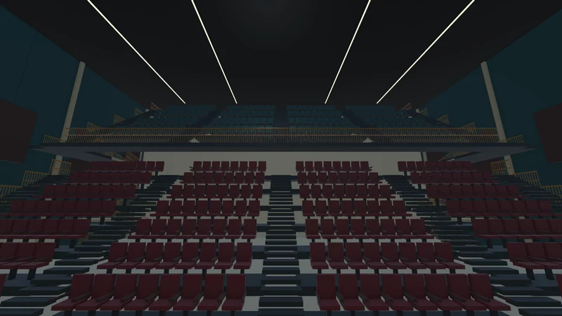 Unity engine view from the Assembly stage across red lower-tier seats toward the upper balcony