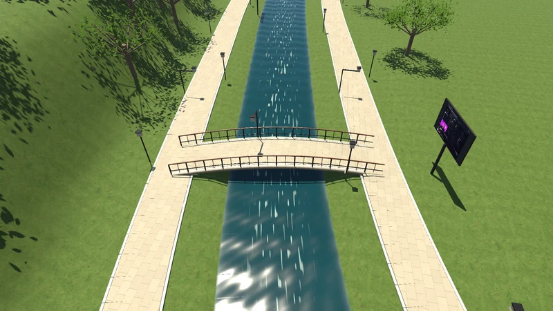 Unity engine daylight view of river water beneath an arched bridge between two stone walking paths