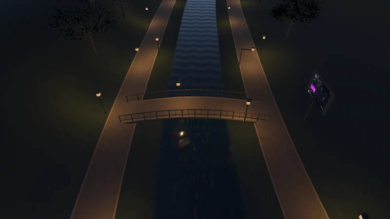 Unity engine night view of the same riverwalk and bridge lit by warm path lamps