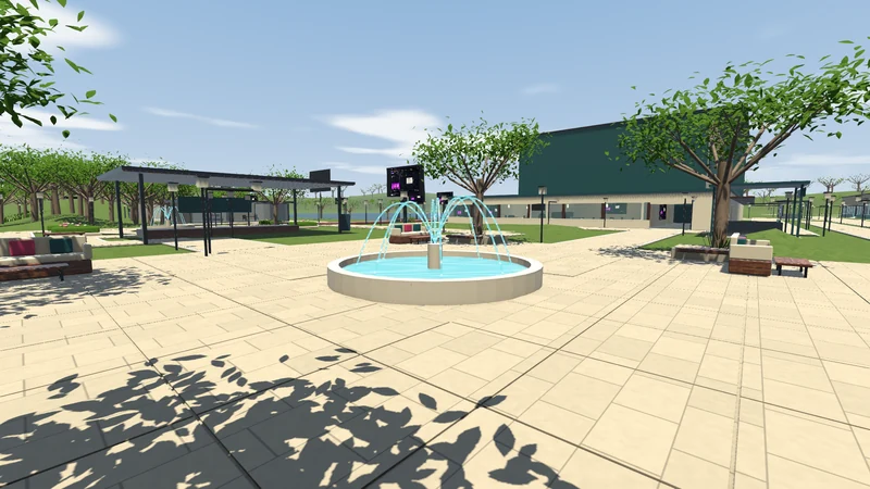 Unity engine view of a fountain spraying water in a planted public square with benches