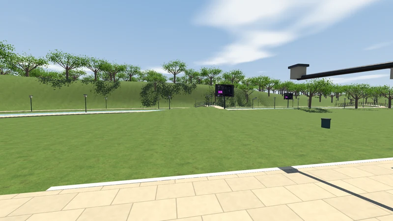 Unity engine view of open commercial building plots, stone paths, planted hillside and nearby community screens
