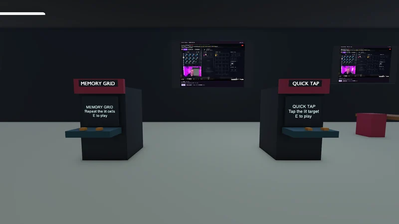 Unity engine capture of Memory Grid and Quick Tap arcade cabinets beneath two stream screens