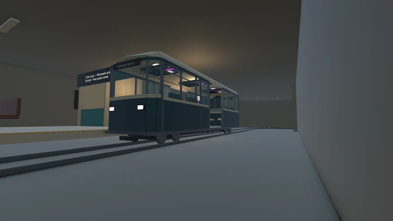 Unity engine low three-quarter view of a metro train on rails beside the Community Center platform