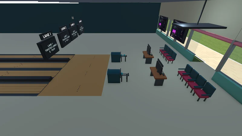 Unity engine overview of bowling lounge chairs, two scoring consoles, paired ball returns and clear lane approaches
