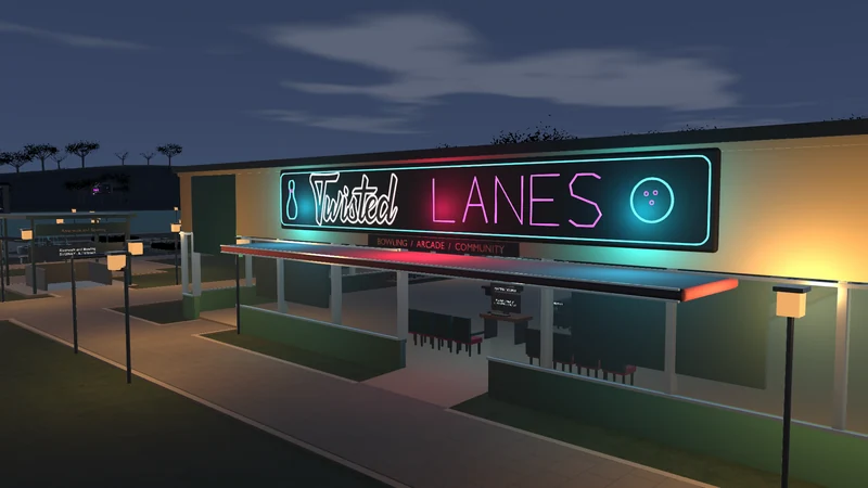 Unity engine night capture of Twisted Lanes with the original Twisted script logo, pink neon lettering and teal neon bowling accents