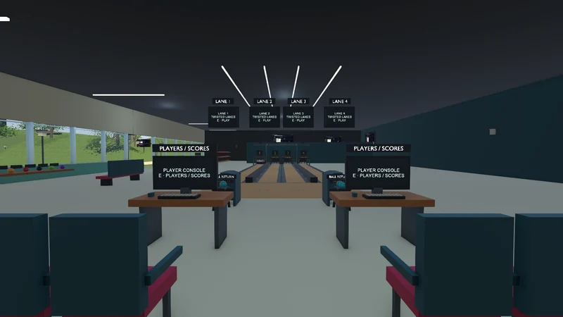 Unity engine standing-eye view through the Twisted Lanes entrance toward consoles, lounge chairs and four bowling lanes