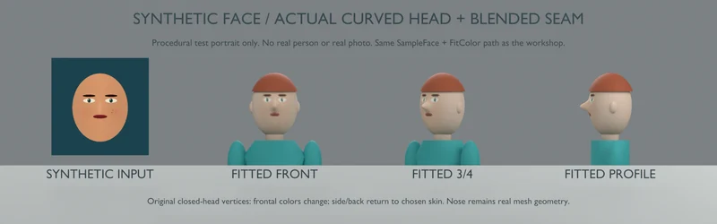 Synthetic test portrait beside front, three-quarter and profile source renders showing approximate face blending onto an avatar head