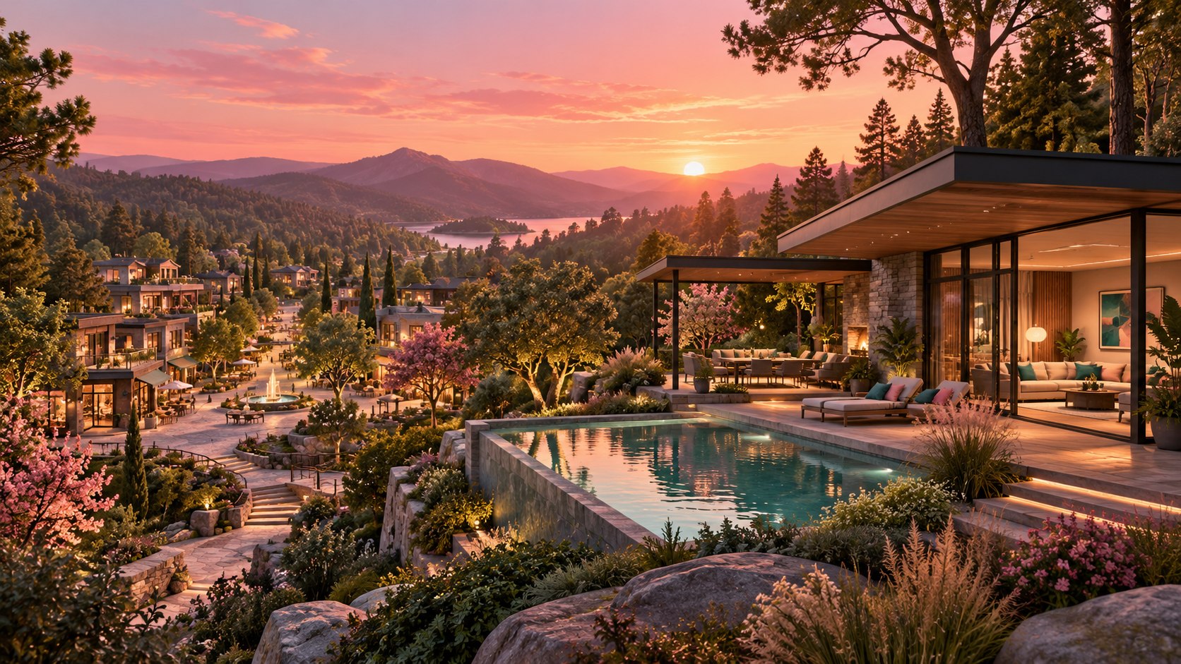 Concept artwork of a community town with homes, gathering spaces, and wooded paths at sunset
